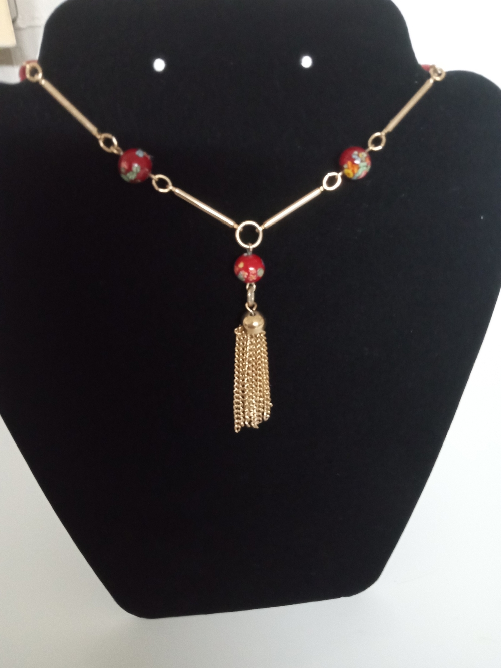 Vintage Sarah CoventryGold Tassel Necklace with Red Floral Beads - Women Jewelry